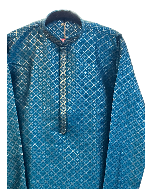 Blue - Men’s Embroidered Jacquard Kurta Set with Trousers - UK Stock - Weddings / Walimas , Sangeet, Diwali, Eid, Mehndi / Henna - VEE3045 VK