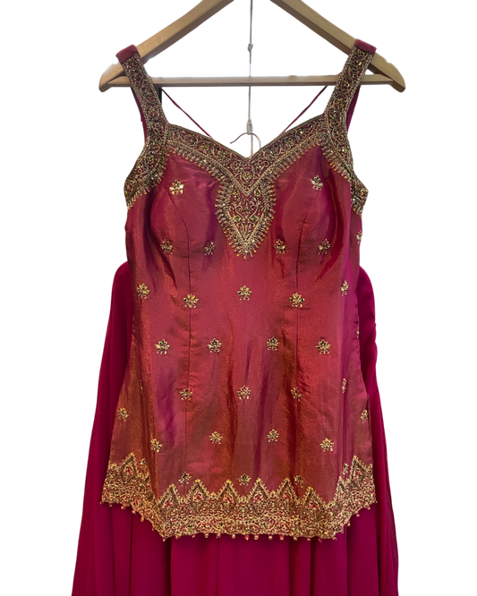 Size 12 (38") - Fuchsia / Magenta Pink - Designer Ladies Medium Length Sleeveless Top Palazzo Trousers Suit - VMK Varuna RA