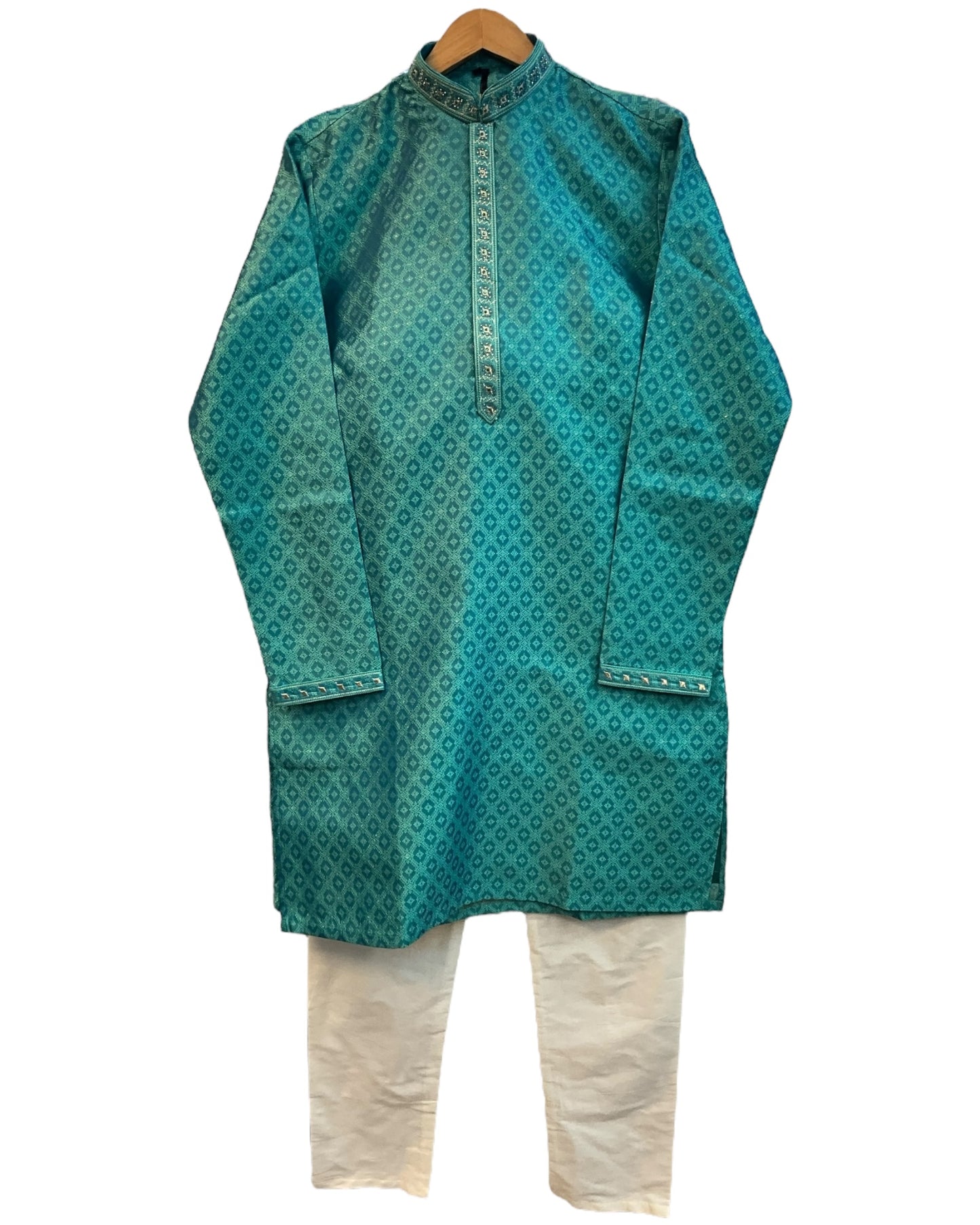 Turquoise Green  - Banarasi Handloom Brocade Mens Indian Kurta set - UK Stock - Weddings / Walimas , Sangeet, Diwali, Eid, Mehndi / Henna - VEE2433 VR