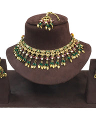 Green - Medium Size Antique Gold Finish Necklace Set with Earrings - HB1000  KY 0424