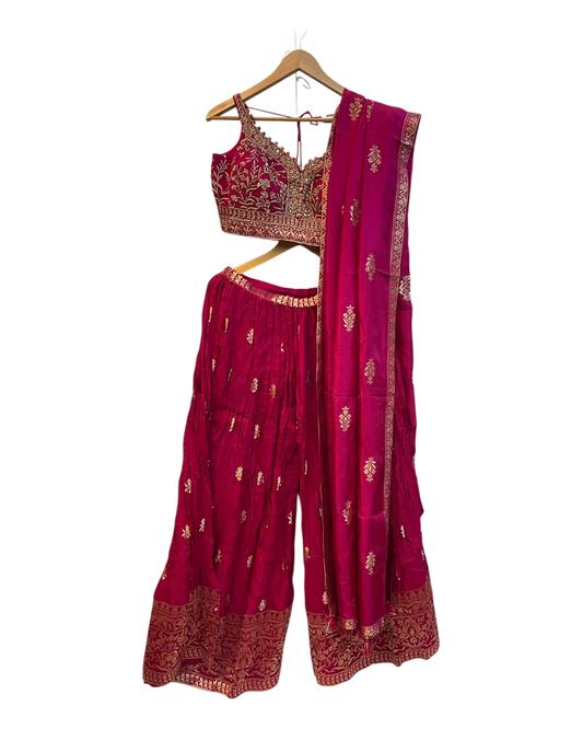 Magenta Fuchsia Pink - Designer Ladies Short Top Palazzo Trousers Suit - Size 10/12 (36"/38") - VMK PIHU AY