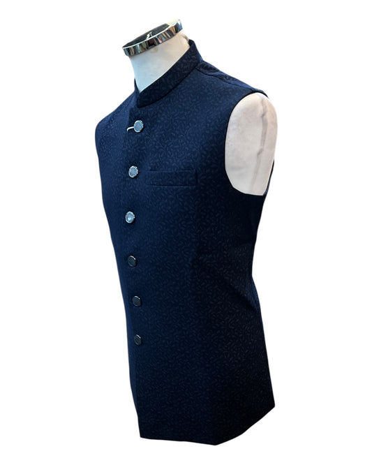 Navy Blue - Self Brocade - Premium Suede Feel Mens Indian Waistcoat - UK Stock - 24 hr Dispatch - VNS-JKT697/30 10KP25