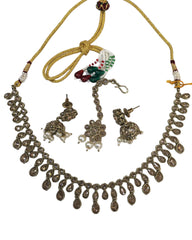 Gold / Neutral - Medium Size Antique Gold Finish Necklace Set with Earrings - KAJ1017 04C24