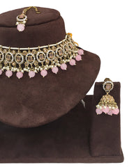 Pink - Medium Size Antique Gold Finish Choker Necklace Set with Earrings - RAK149  C 0424