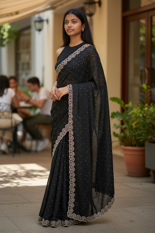 Black - Rich Saree with Stone Work Border and Blouse Piece - UK stock - 24hr Dispatch - RS2509 VA