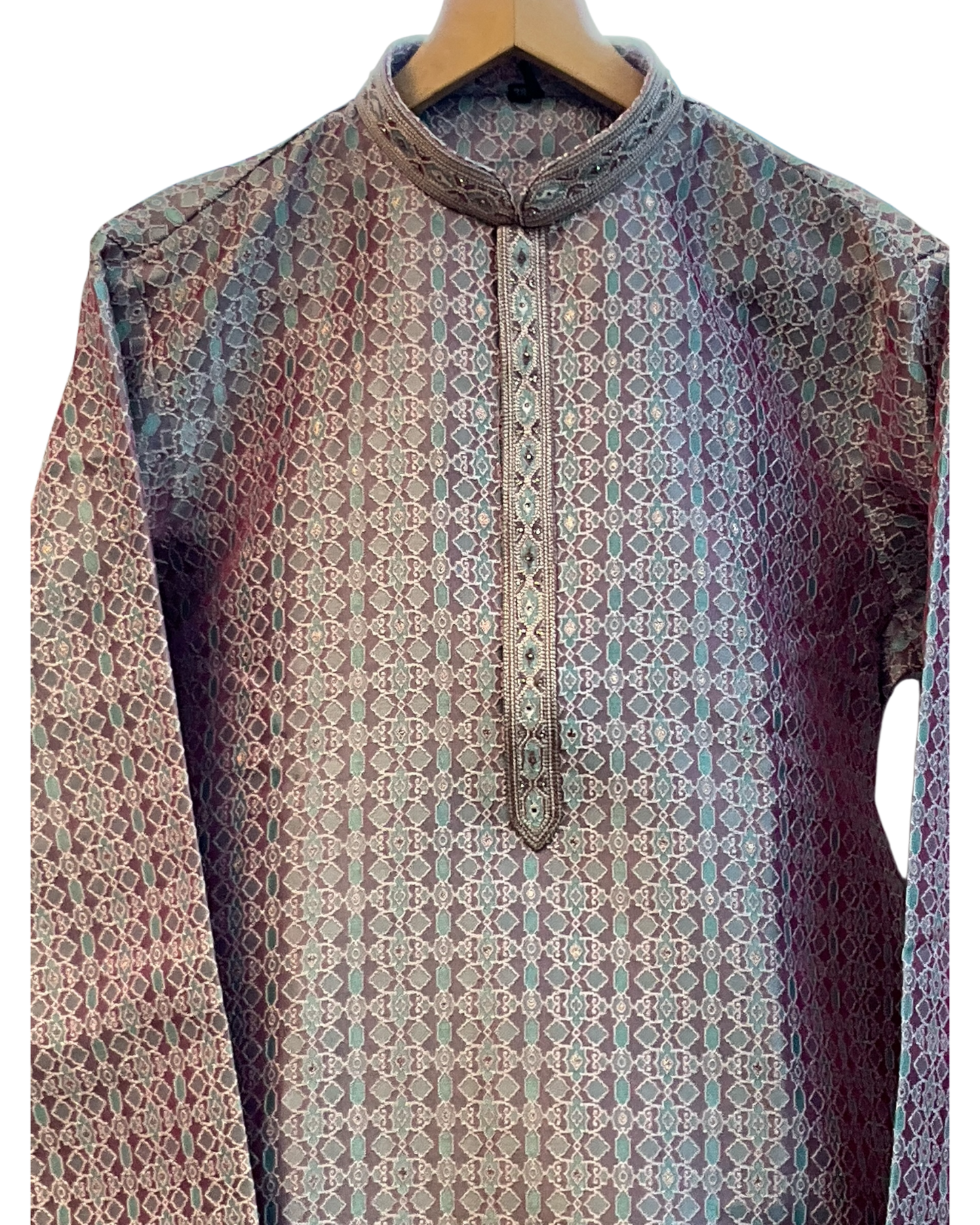 Pink and Sea Green - Banarasi Handloom Brocade Mens Indian Kurta set with Trousers - UK Stock - Weddings / Walimas , Sangeet, Diwali, Eid, Mehndi / Henna - VEE2452 VR
