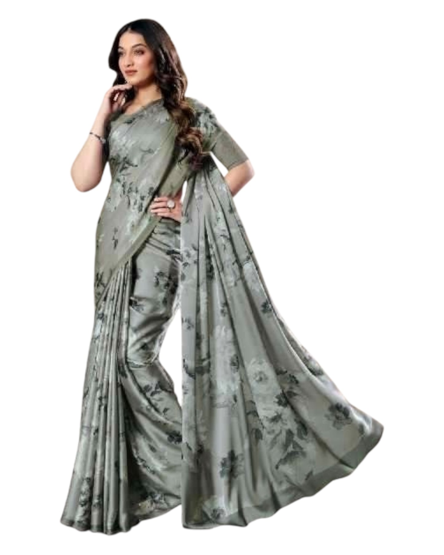 Light Grey - Floral Printed - Satin Finish Saree with Blouse Piece - SUSFEL19001C 10KJ25