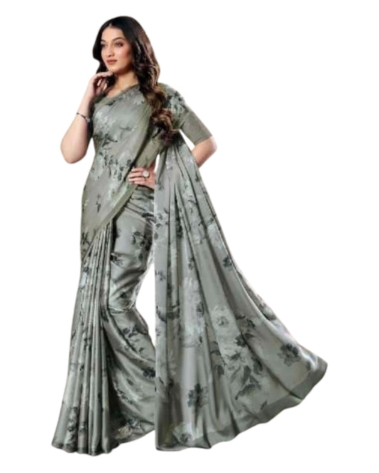 Light Grey - Floral Printed - Satin Finish Saree with Blouse Piece - SUSFEL19001C 10KJ25