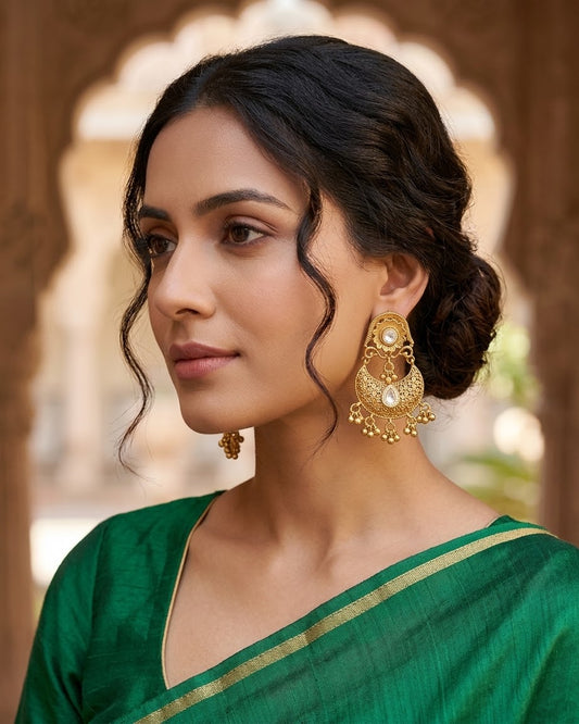 Classic Antique Gold Filigree Chandbali Earrings with Clear Stones - Bollywood - Weddings - 15ER554 09P26