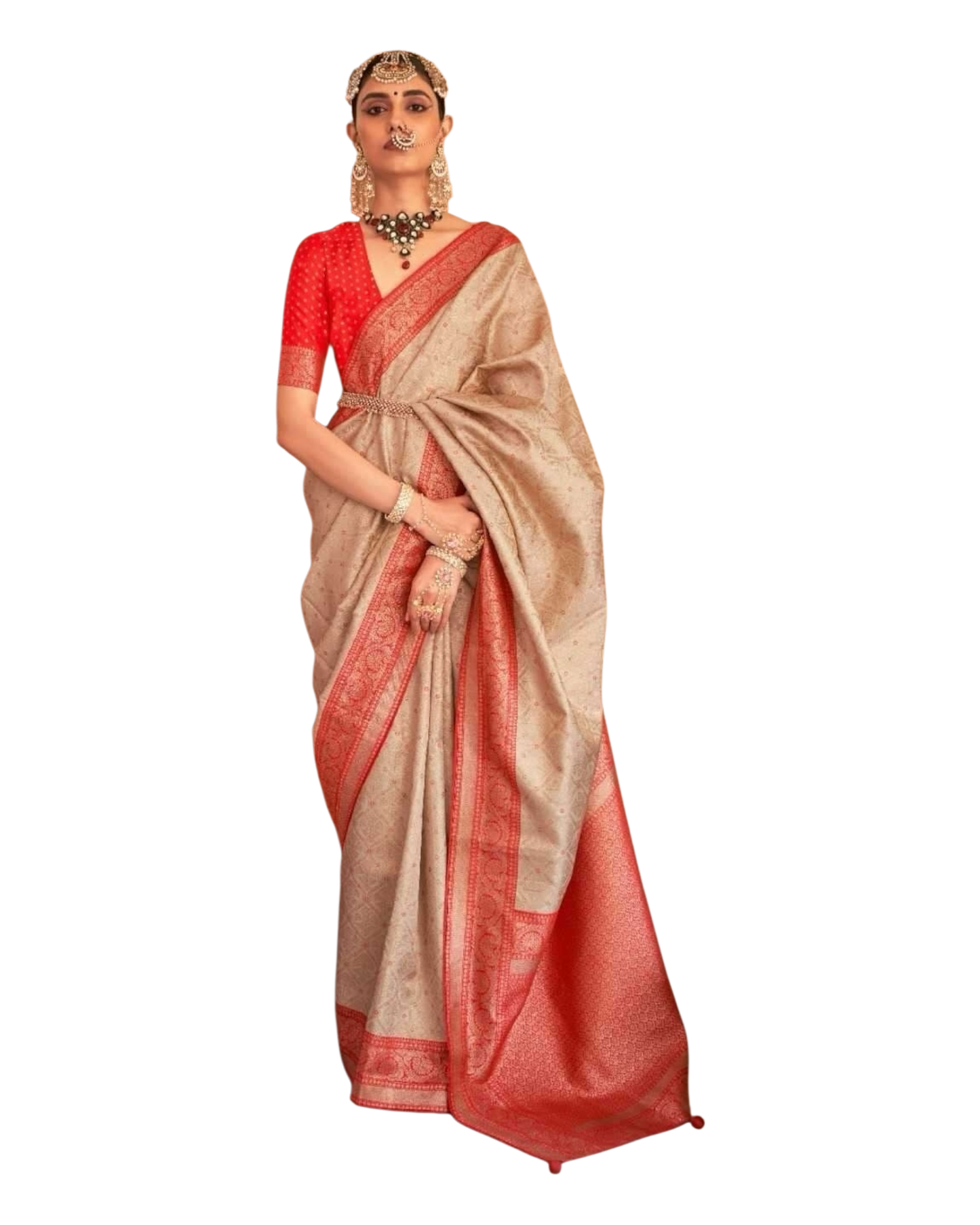 Gold / Red - Silky Handloom Banarasi Saree with Blouse Piece -  12TY25 REW1046