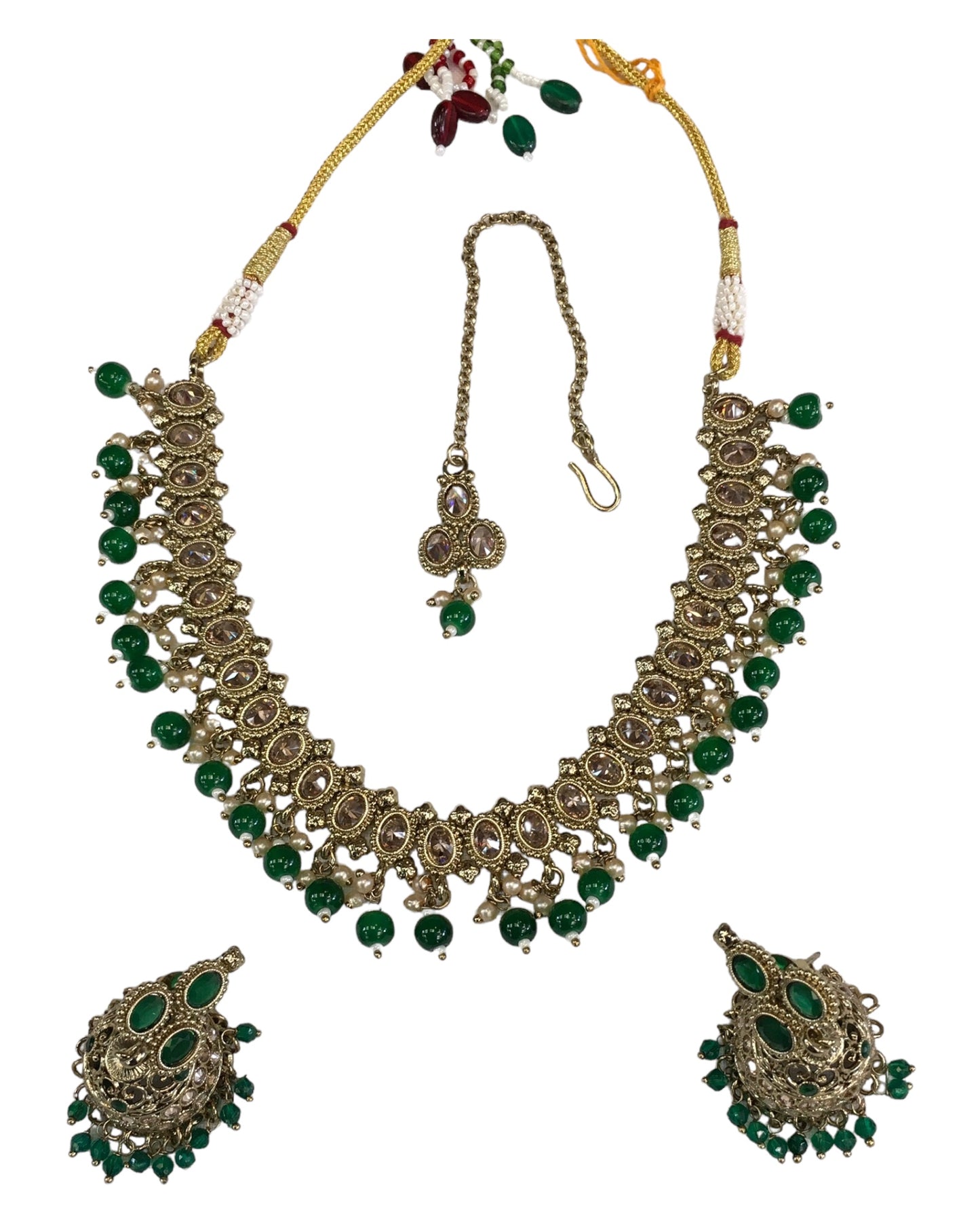 Green - Medium - Antique Gold Finish Necklace Set with Earrings - DAJ540 H 0724
