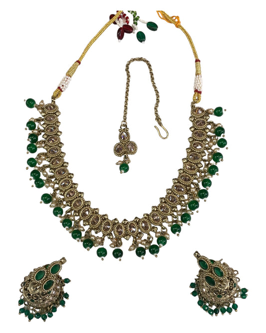 Green - Medium - Antique Gold Finish Necklace Set with Earrings - DAJ540 H 0724