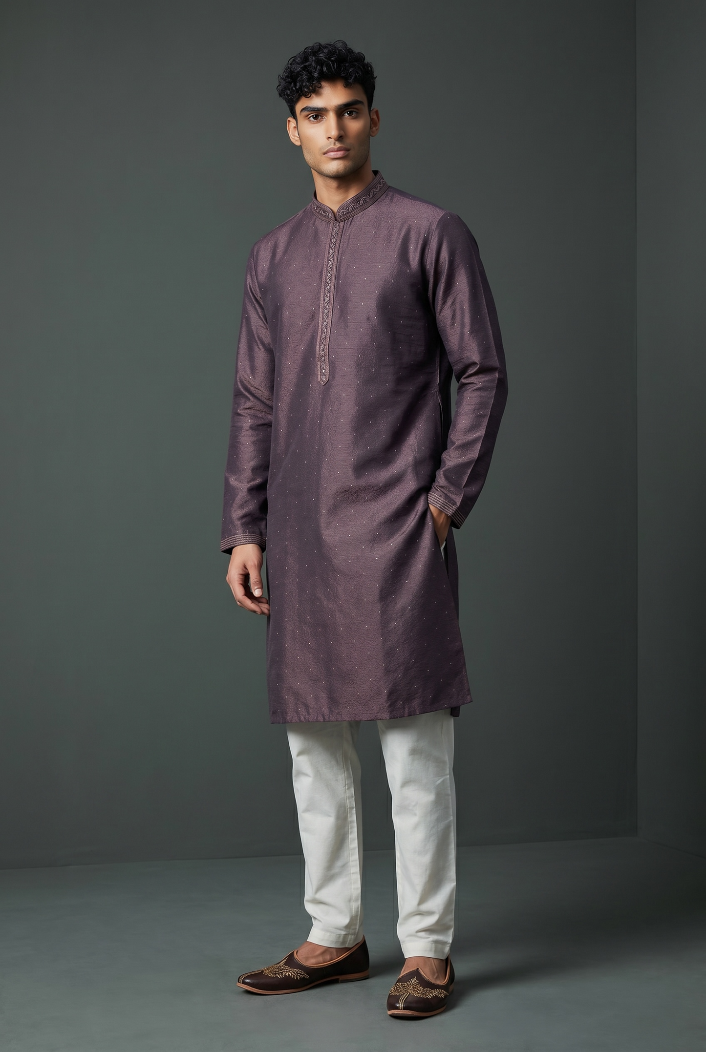 Purple - Banarasi Handloom Brocade Mens Indian Kurta set with Trousers - UK Stock - Weddings / Walimas , Sangeet, Diwali, Eid, Mehndi / Henna - VEE2455 VR