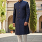 Mens Indian Light Sherwani set in Navy Brocade for weddings, Bollywood Party ( with Draw stringed trousers) - DD180802JV
