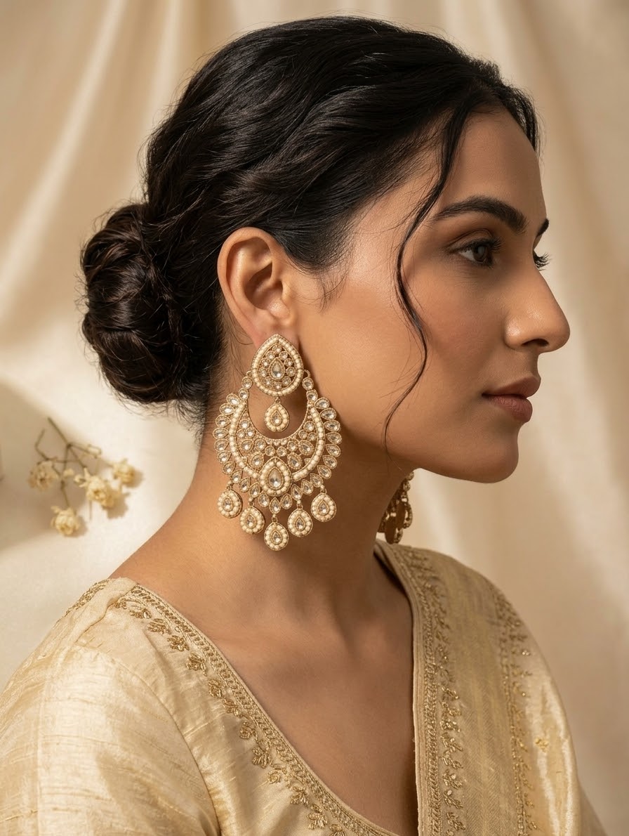 Clear Stones - Royal Teardrop Kundan & Pearl Chandbali Earrings - 6ER240 10Rp26