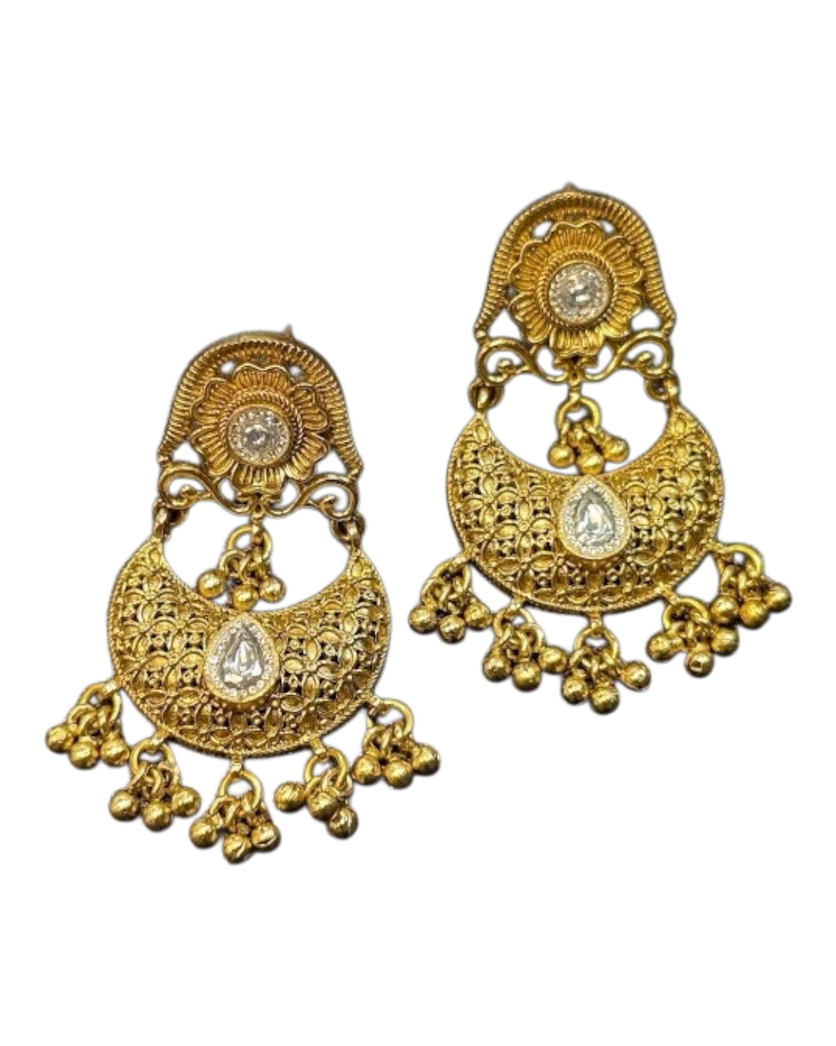 Classic Antique Gold Filigree Chandbali Earrings with Clear Stones - Bollywood - Weddings - 15ER554 09P26