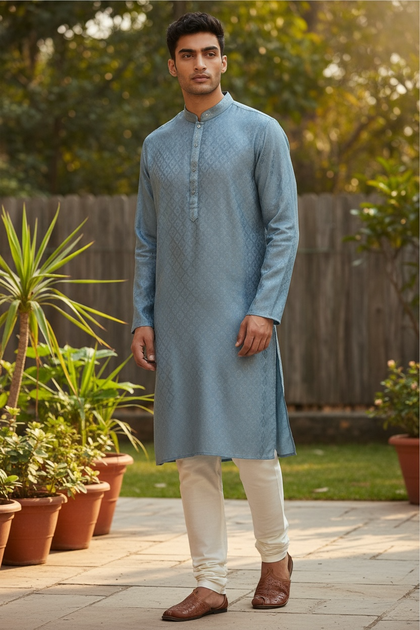 Light Blue - Banarasi Handloom Brocade Mens Indian Kurta set - UK Stock - Weddings / Walimas , Sangeet, Diwali, Eid, Mehndi / Henna - VEE2488 VR