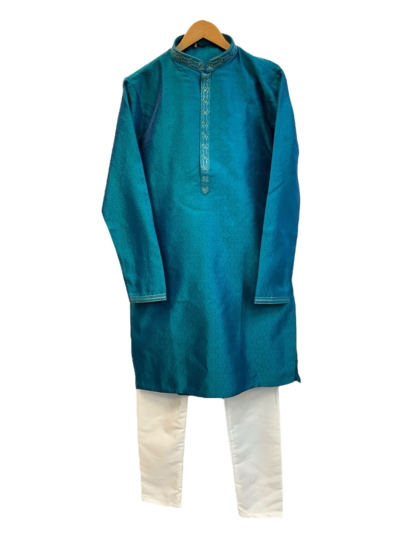 Turquoise Blue - Banarasi Handloom Brocade Mens Indian Kurta set with Trousers - UK Stock - Weddings / Walimas , Sangeet, Diwali, Eid, Mehndi / Henna - VEE2459 VR