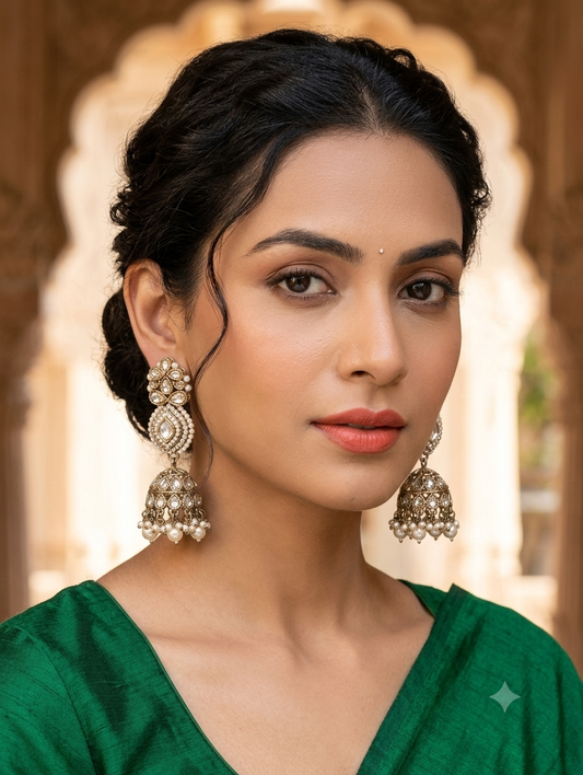Antique Gold Kundan & Pearl Tiered Jhumka Earrings - Bollywood - Weddings - 6JE135 09A26