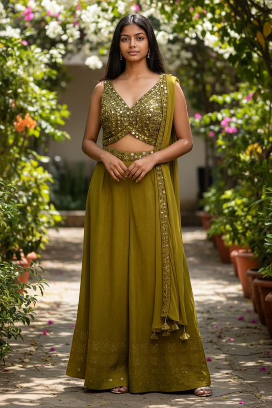 Olive Green - Designer Ladies Short Top Palazzo Trousers Suit - Size 12 (38") - VMK Hazel PR