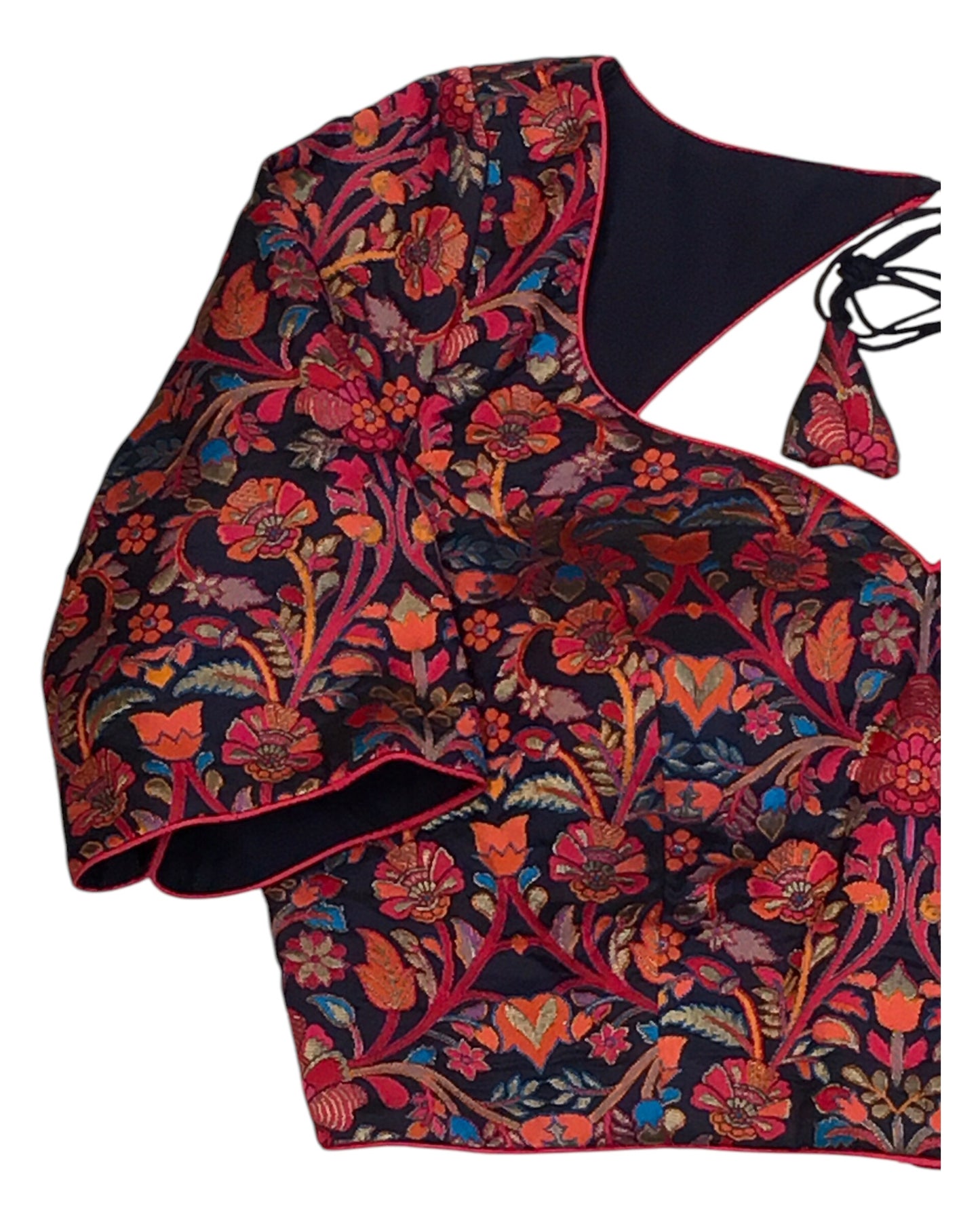 Navy Blue - Red / Orange Banarasi Brocade Saree / Lehenga blouse - 36" Bust (UK 10) Can be let out to size 14  - X1191 01KV25