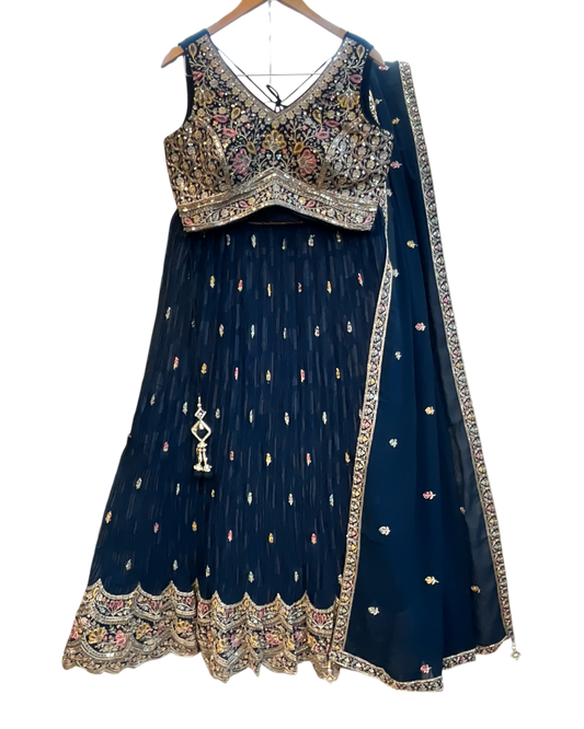 Size UK 14 (40" Bust) Adjustable to Size 16 - Petrol Blue - Banarasi Silky Lehenga Set - Mehndi / Sangeet / Bridesmaids / Weddings / Garba  - UK Stock - 24h Dispatch - JF10505 05PV26