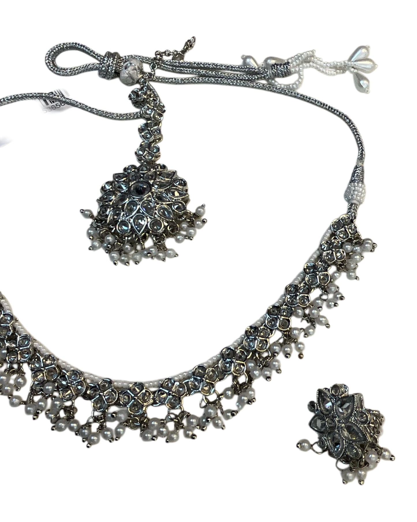 Pearl - Medium Size Silver Finish Necklace Set with Earrings & Head Piece - RAK436 04A26