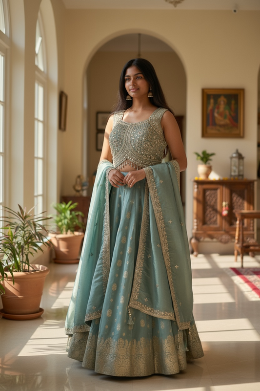 Size 12 / 38" Bust - Sea Green - Ready Made Lehenga Set - UK Stock - 24h Dispatch - KTC250629 JY