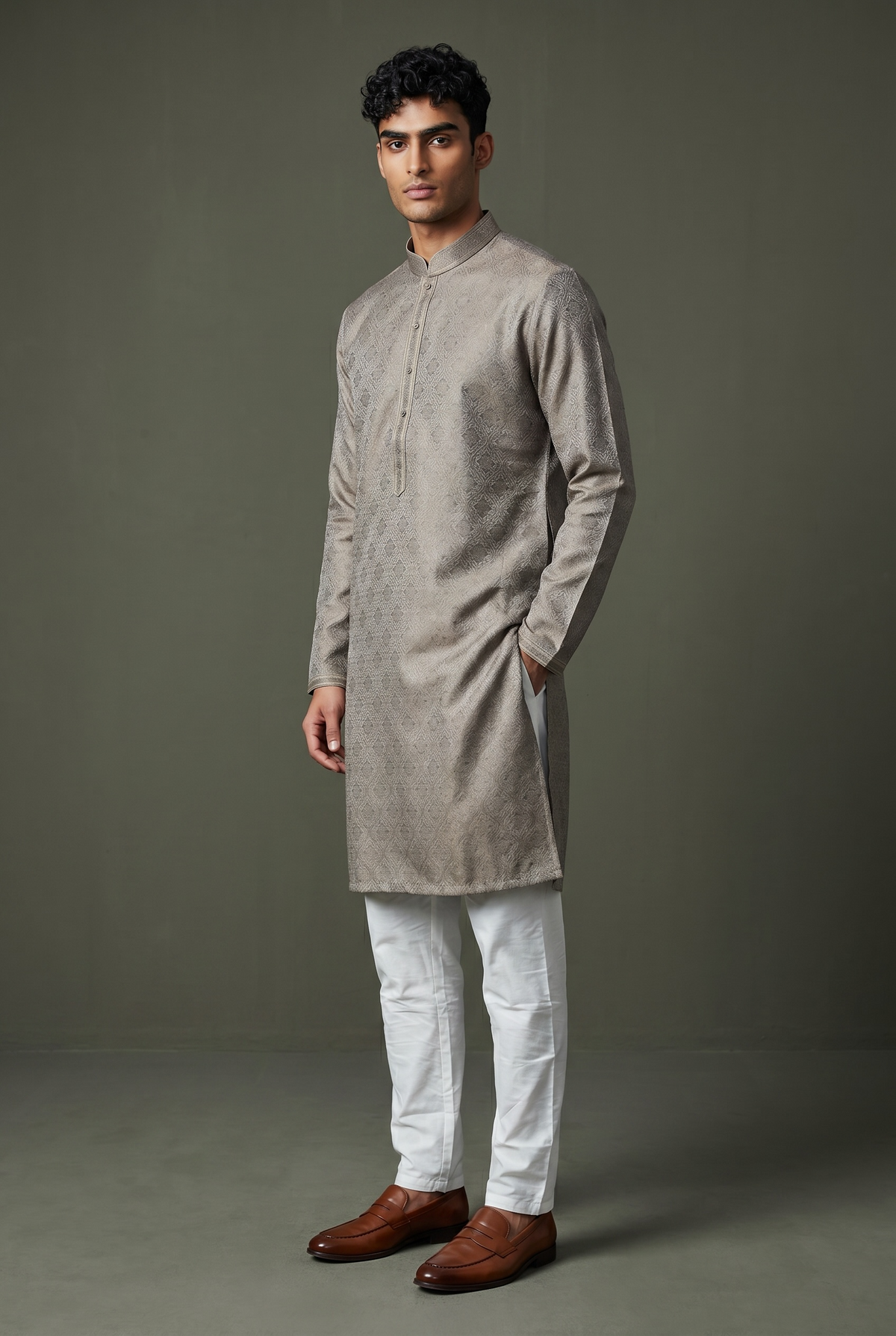 Light Brown - Banarasi Handloom Brocade Mens Indian Kurta set with Trousers - UK Stock - Weddings / Walimas , Sangeet, Diwali, Eid, Mehndi / Henna - VEE2508 VR