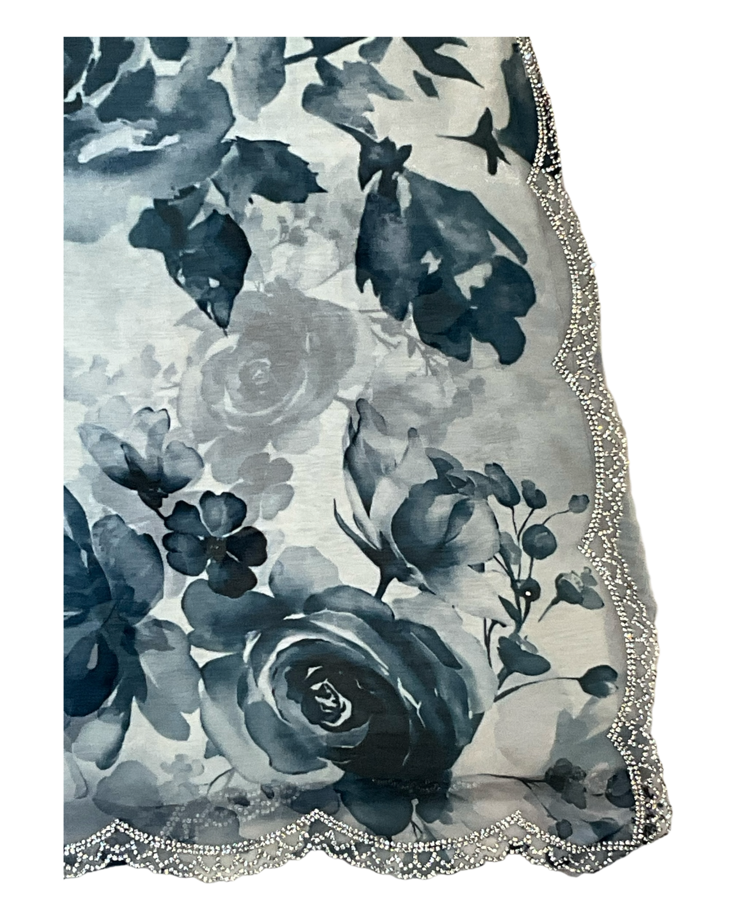 Teal Floral - Classic Satin Crepe Saree with Stone Work and Blouse Piece - UK stock - 24hr Dispatch - RS2536 VR