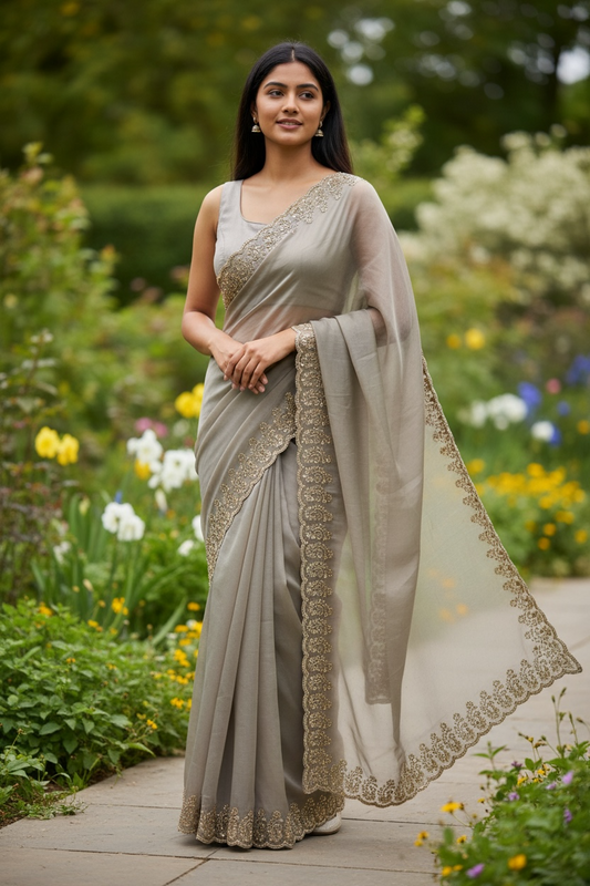 Gold - Rich Saree with Stone Work and Blouse Piece - UK stock - 24hr Dispatch - RS2516 TH