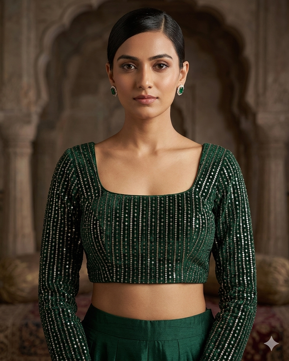 Size 38" / UK 12 - Bottle Green - Rich Sequins Embroidered Long Sleeve Saree blouse with cups - UK Stock - Quick Delivery - RNK - R860-KA