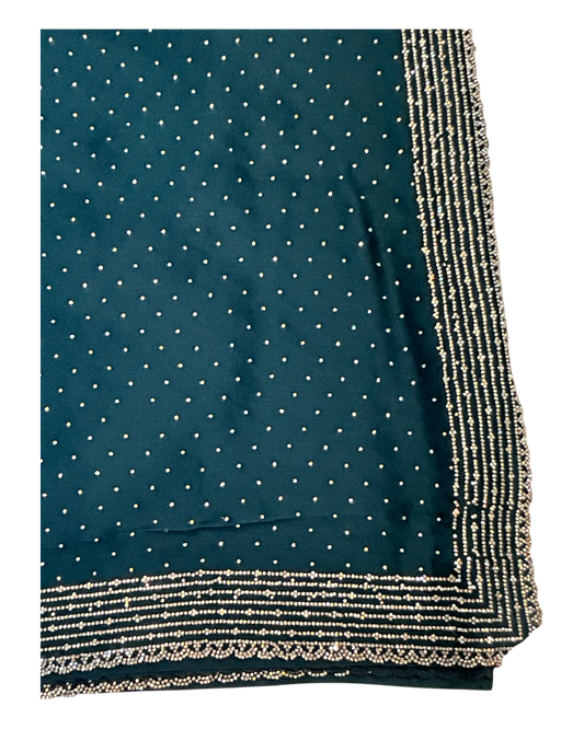 Teal - Classic Satin Crepe Saree with Stone Work and Blouse Piece - UK stock - 24hr Dispatch - RS2531 VY
