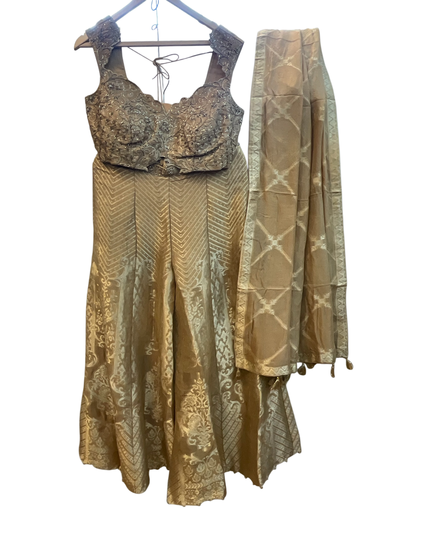 UK 12 / 38" - Pastel Beige / Gold - Designer Ladies Indian Short Top Palazzo Trousers Suit - UK Stock - 2/3 days delivery - VMK Jivika AV