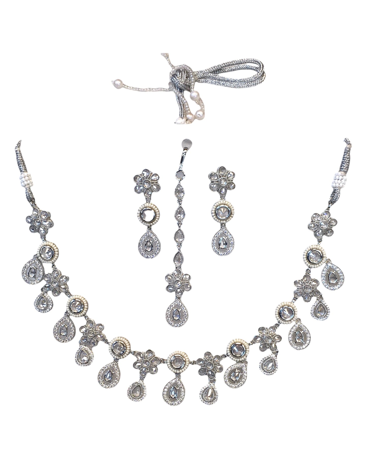 Clear - Silver Finish Necklace & Earrings Set - Bollywood - Weddings - KAJ1038 11KV24