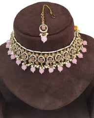 Pink - Medium Size Antique Gold Finish Choker Necklace Set with Earrings - RAK149  C 0424