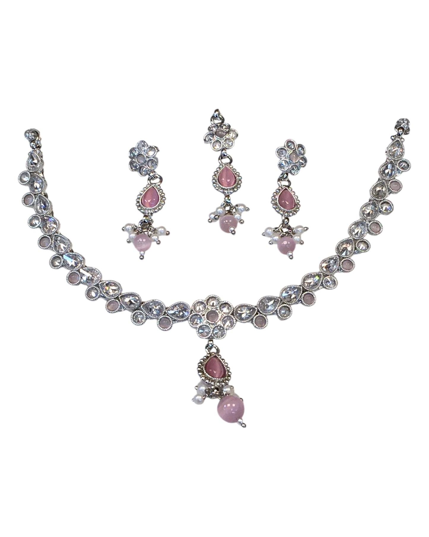 Pink - Small Size Silver Finish Necklace Set with Earrings & Head Piece /Tika- SLV78  11Ap24