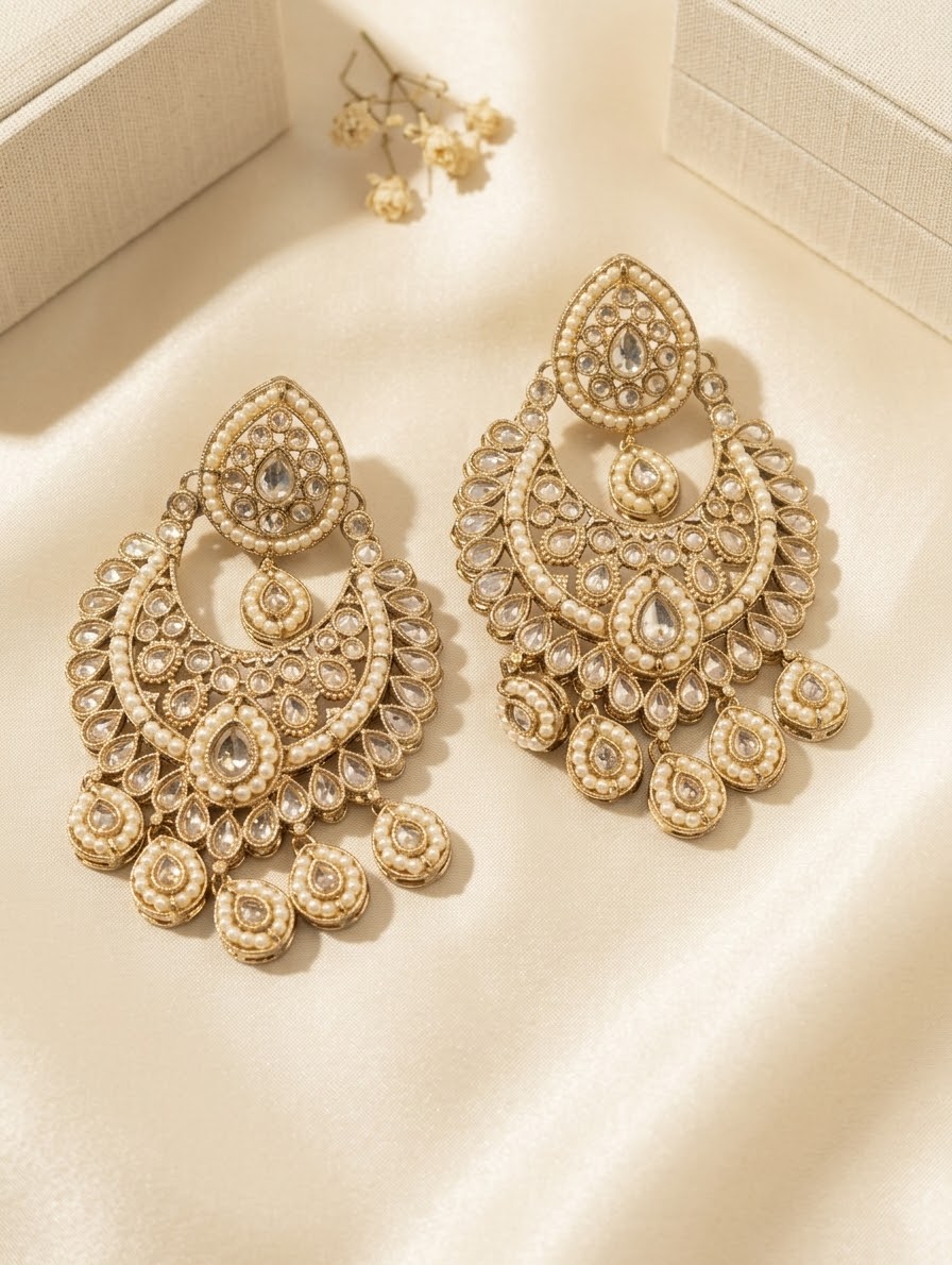 Gold / Neutral - Royal Teardrop Kundan & Pearl Chandbali Earrings - 6ER240 10Rp26