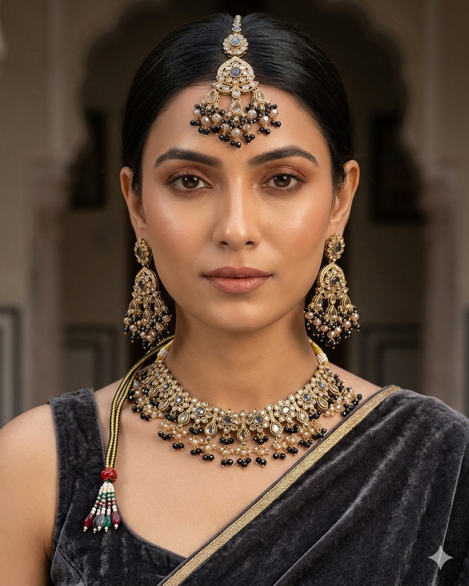 Blue - Large Size Antique Gold Finish Necklace Set with Earrings & Head Piece - Bollywood - AE2513 08KK25