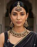 Blue - Large Size Antique Gold Finish Necklace Set with Earrings & Head Piece - Bollywood - AE2513 08KK25
