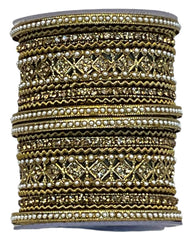 Gold Stone and Pearl - Antique Gold Finish Bangles Set (Set of 18) - UK stock - SM, M, L, XL JAN2611 05P25