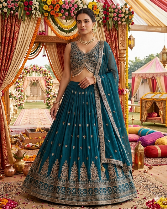 Size UK 14 (40" Bust) Adjustable to Size 16 - Teal Blue - Banarasi Silky Lehenga Set - Mehndi / Sangeet / Bridesmaids / Weddings / Garba  - UK Stock - 24h Dispatch - JF7940 05JT26