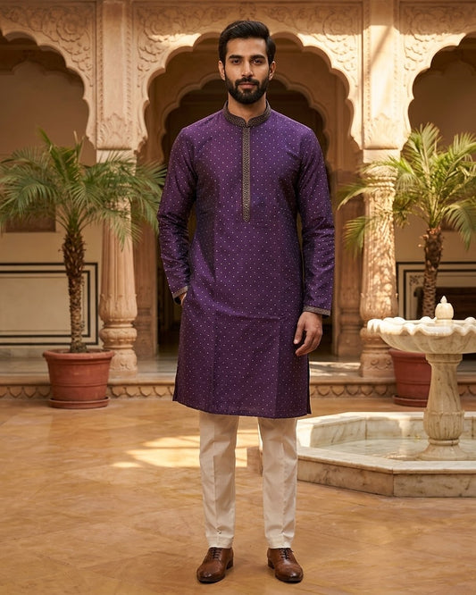 Purple - Banarasi Handloom Brocade Mens Indian Kurta set with Trousers - UK Stock - Weddings / Walimas , Sangeet, Diwali, Eid, Mehndi / Henna - VEE3004 VY