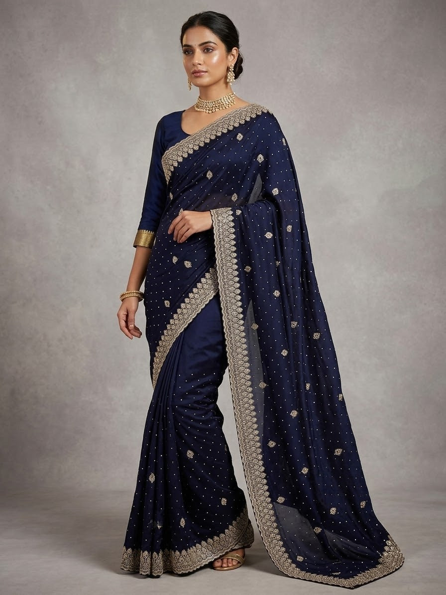 Navy Blue - Fancy Party Saree with Blouse Piece - UK stock - 24hr Dispatch - SP2603 VY