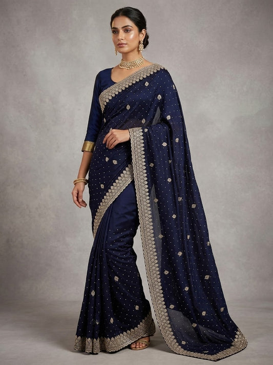 Navy Blue - Fancy Party Saree with Blouse Piece - UK stock - 24hr Dispatch - SP2603 VY