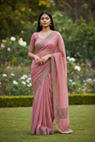 Coral - Rich Saree with Thread / Stone Embroidery and Blouse Piece - UK stock - 24hr Dispatch - RS2525 VJ