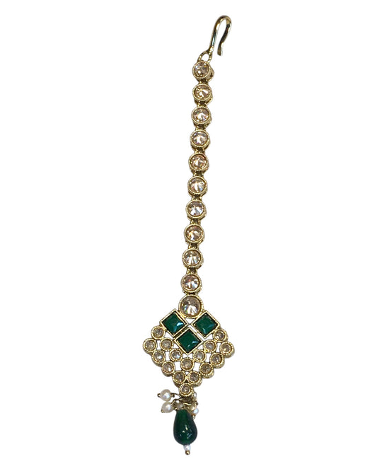 Green - Antique Gold Finish Medium Size Tika Head Piece - Indian Ladies Fashion Jewellery - AE2441 11Vp24