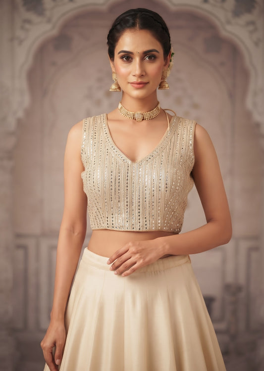 Size 40" / UK 14 - Light Gold - Prachy Creations — Elegant Sequin & Mirror Embellished Designer Saree Blouse - UK Stock - With Margin inside - VAM394 - KJ