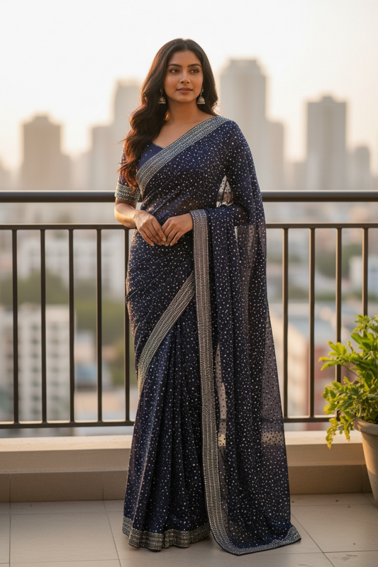 Sale! Navy Blue - Fancy Saree with Blouse Piece - VC2311 KJR 0323