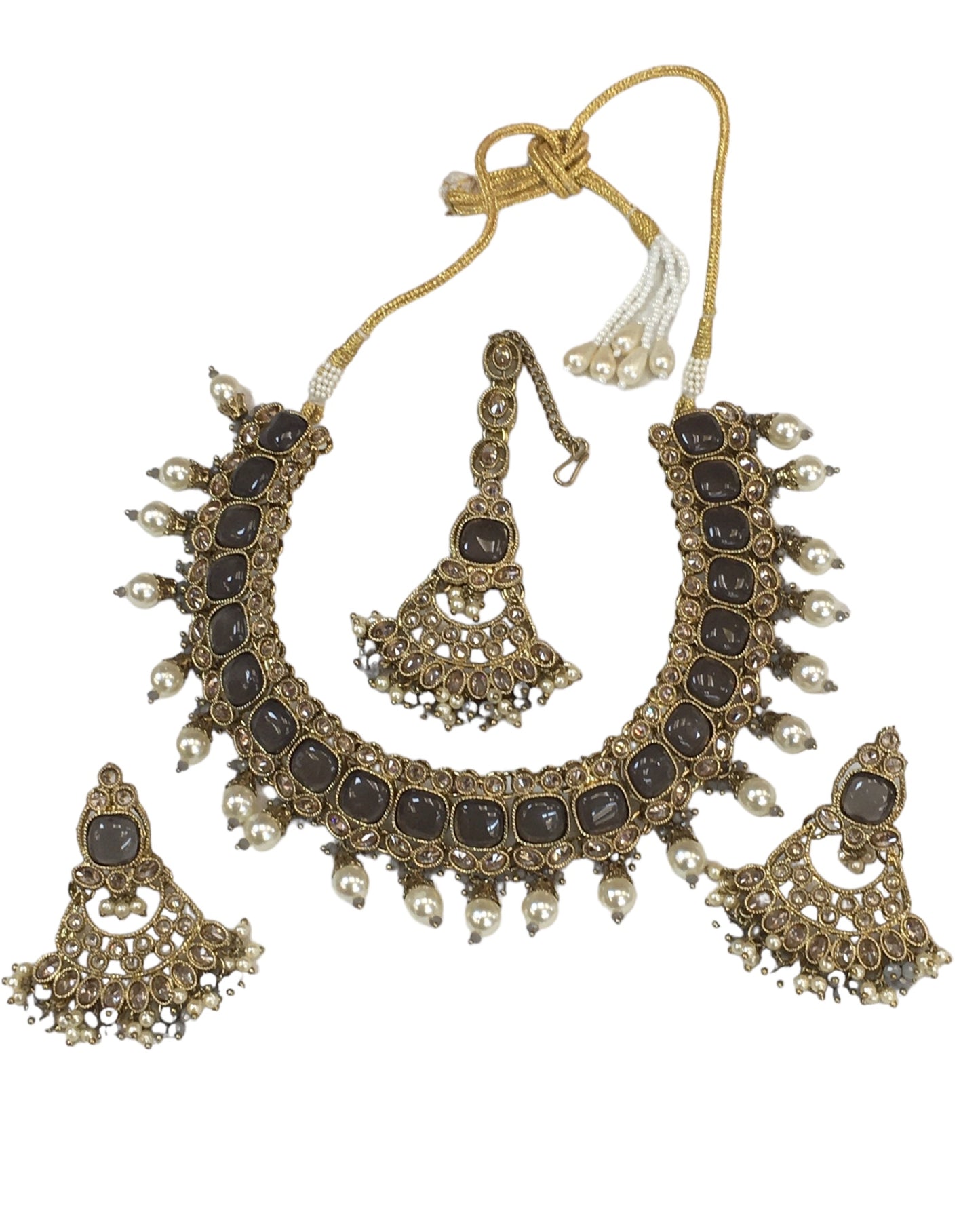 Grey - Large Size Antique Gold Finish Necklace Set with Earrings - PSC469  KV 0424